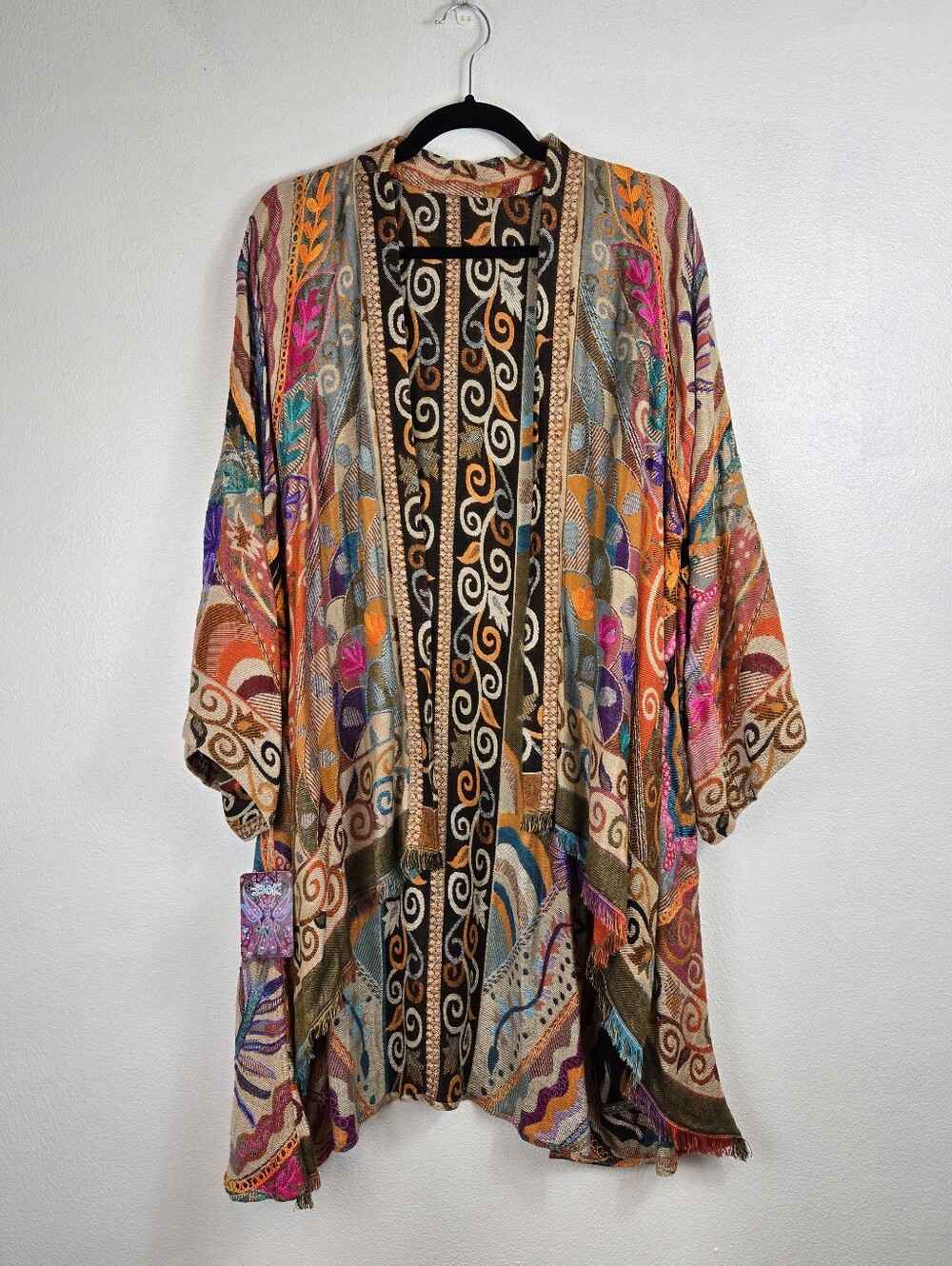 NEW BOK Embroidered Multi-Color Open Front Kimono Wrap Fringe Trim Boho One Size